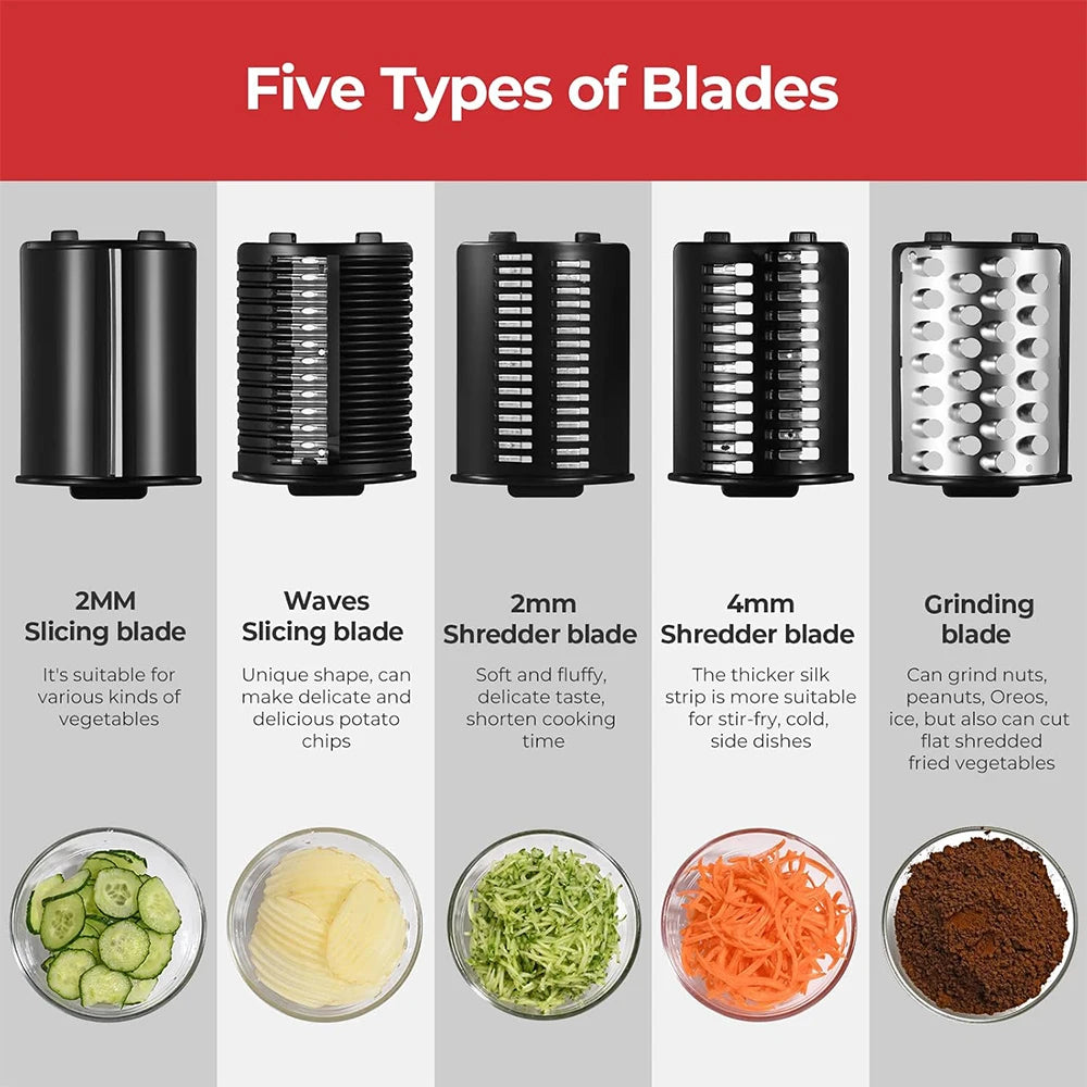 5-in-1 Electric Vegetable Slicer & Cheese Grater Machine – Automatic Salad Shooter with Stainless Steel Blades