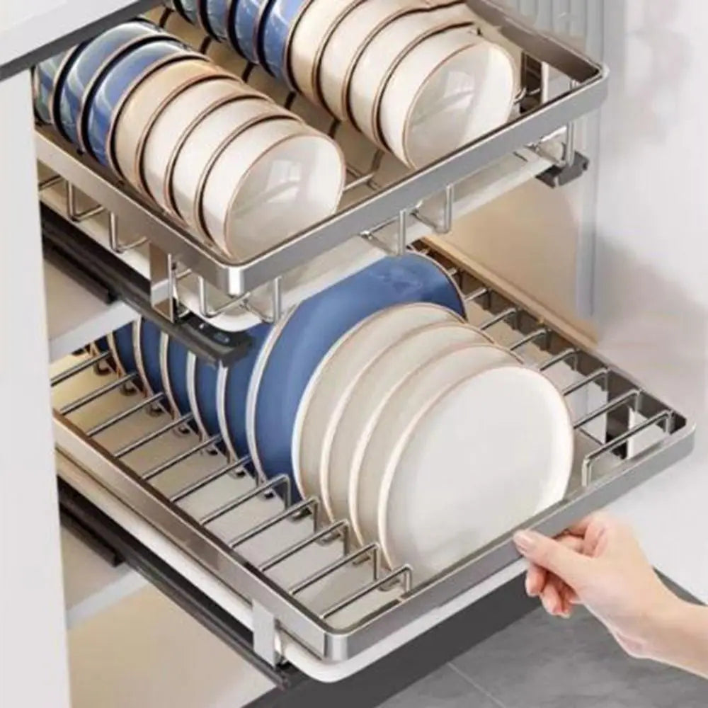 Pull Out Stainless Steel Dish Drying Rack with Drain Tray for Kitchen Cabinet Storage