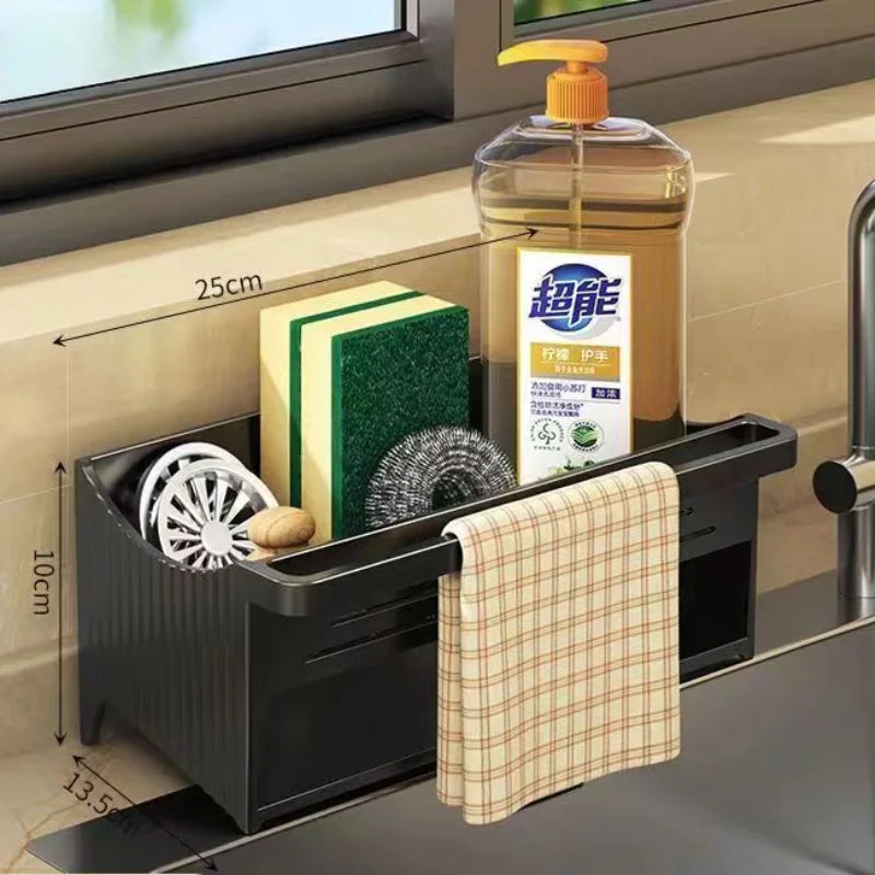 Auto Drain Sink Caddy Organizer with Soap Sponge Holder & Towel Rack for Kitchen & Bathroom