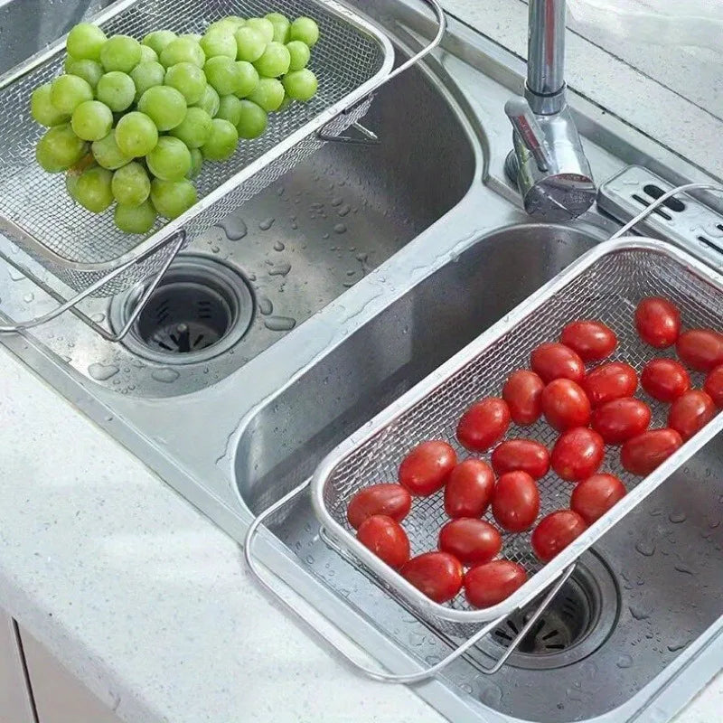 Stainless Steel Over Sink Colander with Expandable Handle for Washing Fruits & Vegetables