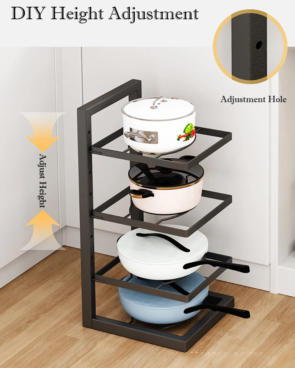 Adjustable Pot and Pan Organizer Rack for Kitchen Cabinets – Multi-Layer Carbon Steel Cookware Storage