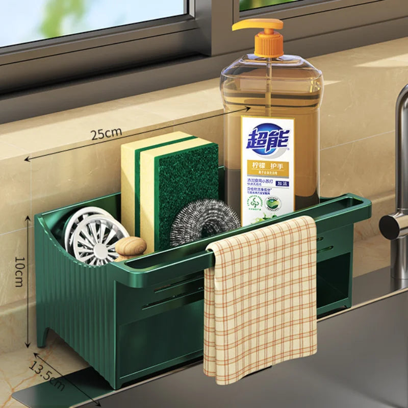 Auto Drain Sink Caddy Organizer with Soap Sponge Holder & Towel Rack for Kitchen & Bathroom