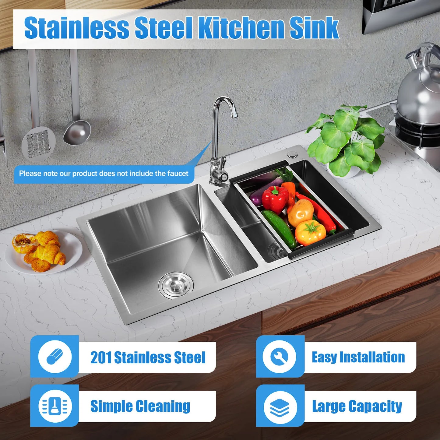 Stainless Steel Double Bowl Kitchen Sink – Drop In Top Mount Sink with Noise Reduction & Fast Drainage