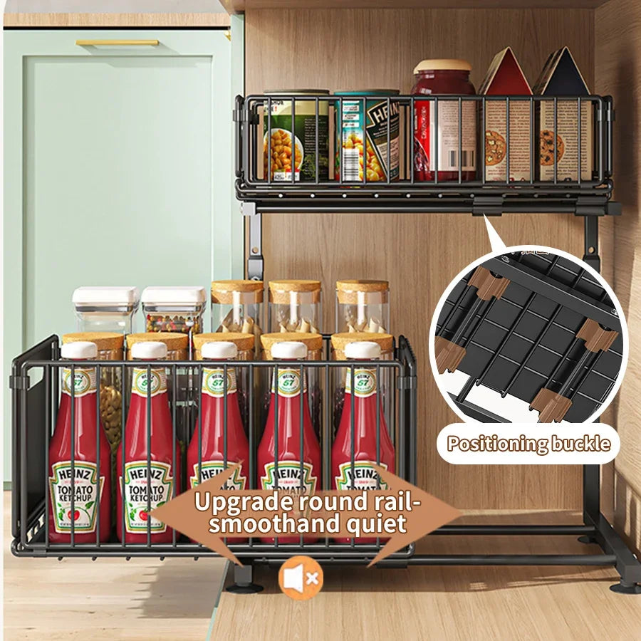 2 Tier Pull Out Under Sink Organizer with Adjustable Sliding Storage Shelves