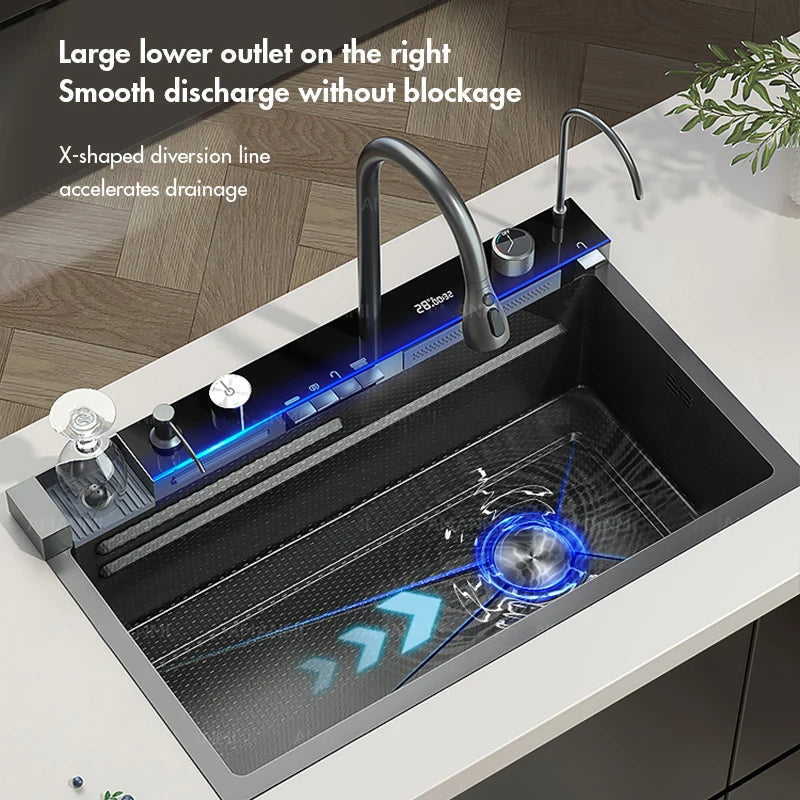 304 Stainless Steel Waterfall Kitchen Sink with Digital Display Faucet, Cup Washer & Soap Dispenser