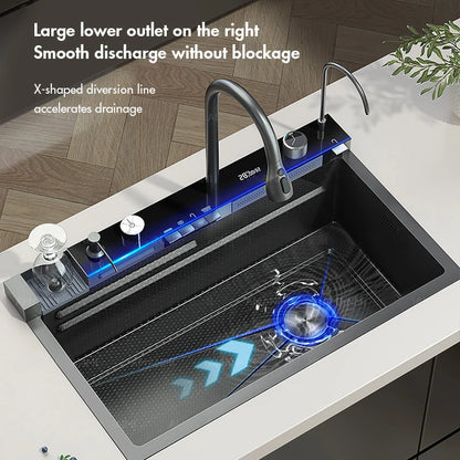 304 Stainless Steel Waterfall Kitchen Sink with Digital Display Faucet, Cup Washer & Soap Dispenser