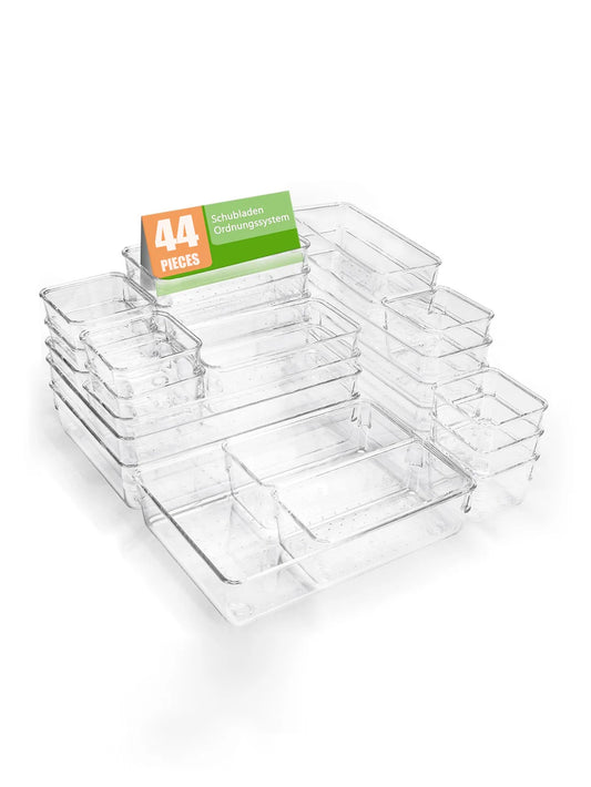 44 Piece Clear Drawer Organizer Set with Adjustable Storage Bins for Kitchen, Bathroom & Office