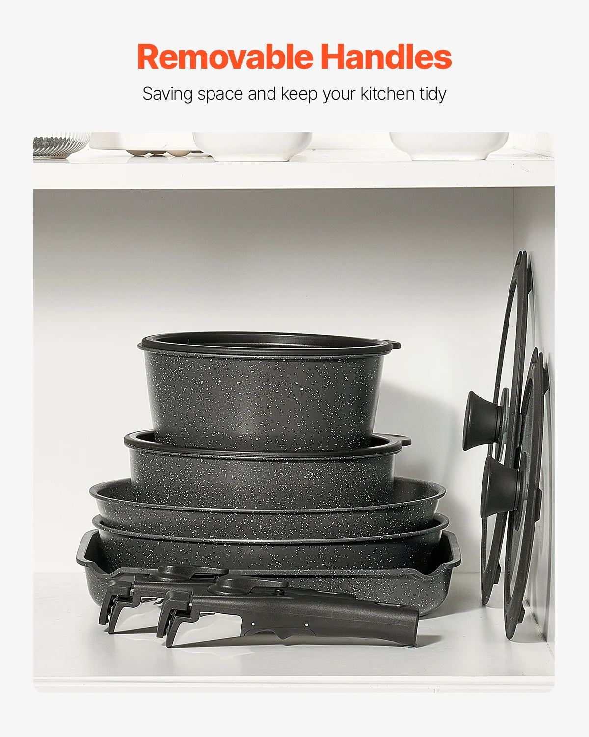 17 Piece Nonstick Granite Cookware Set with Detachable Handles, Induction Compatible Pots and Pans Set