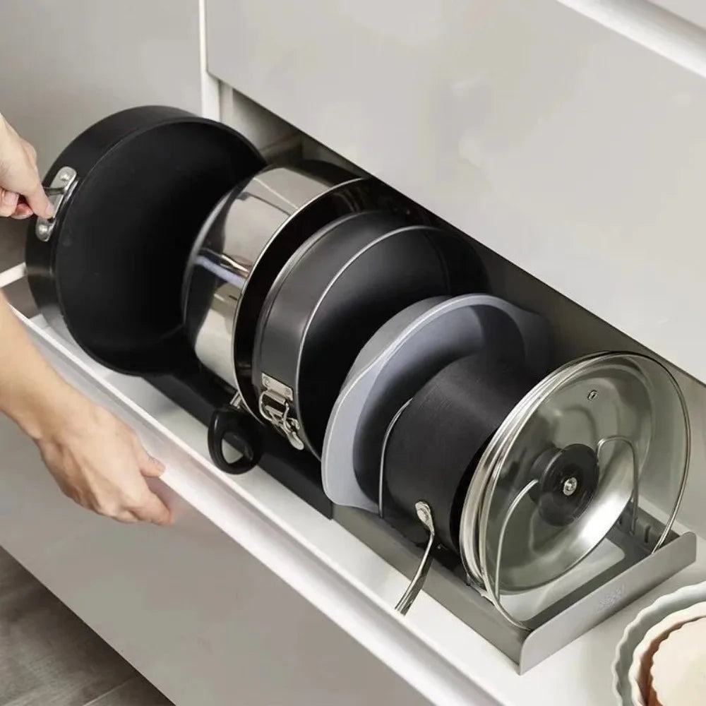 Expandable Pot and Pan Organizer Rack with 7 Adjustable Dividers for Cabinet Storage