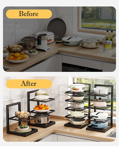 Adjustable Pot and Pan Organizer Rack for Kitchen Cabinets – Multi-Layer Carbon Steel Cookware Storage