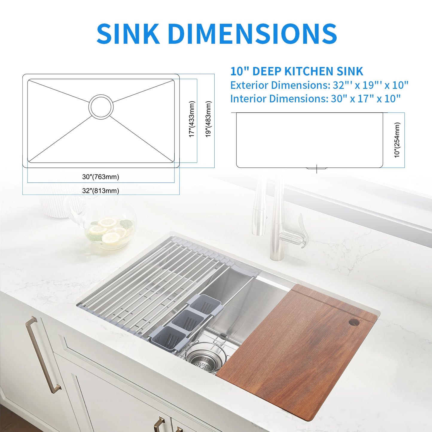 32 Inch Undermount Single Bowl Stainless Steel Kitchen Sink with Cutting Board & Bottom Grid