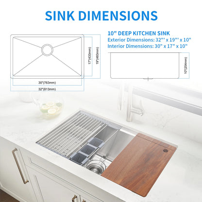 32 Inch Undermount Single Bowl Stainless Steel Kitchen Sink with Cutting Board & Bottom Grid