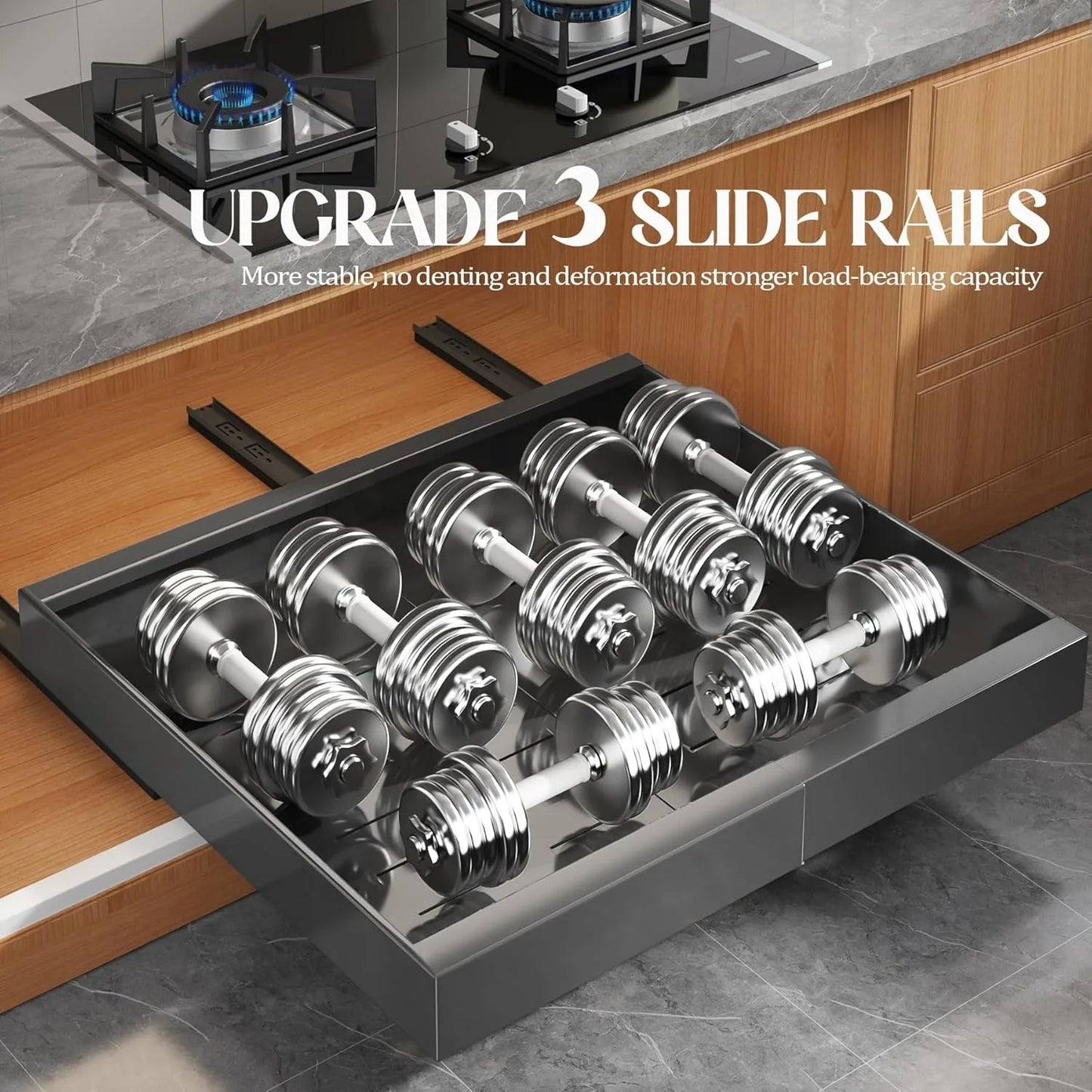 Expandable Pull Out Cabinet Organizer with 3 Slide Rails – No Drill Roll Out Storage Shelf