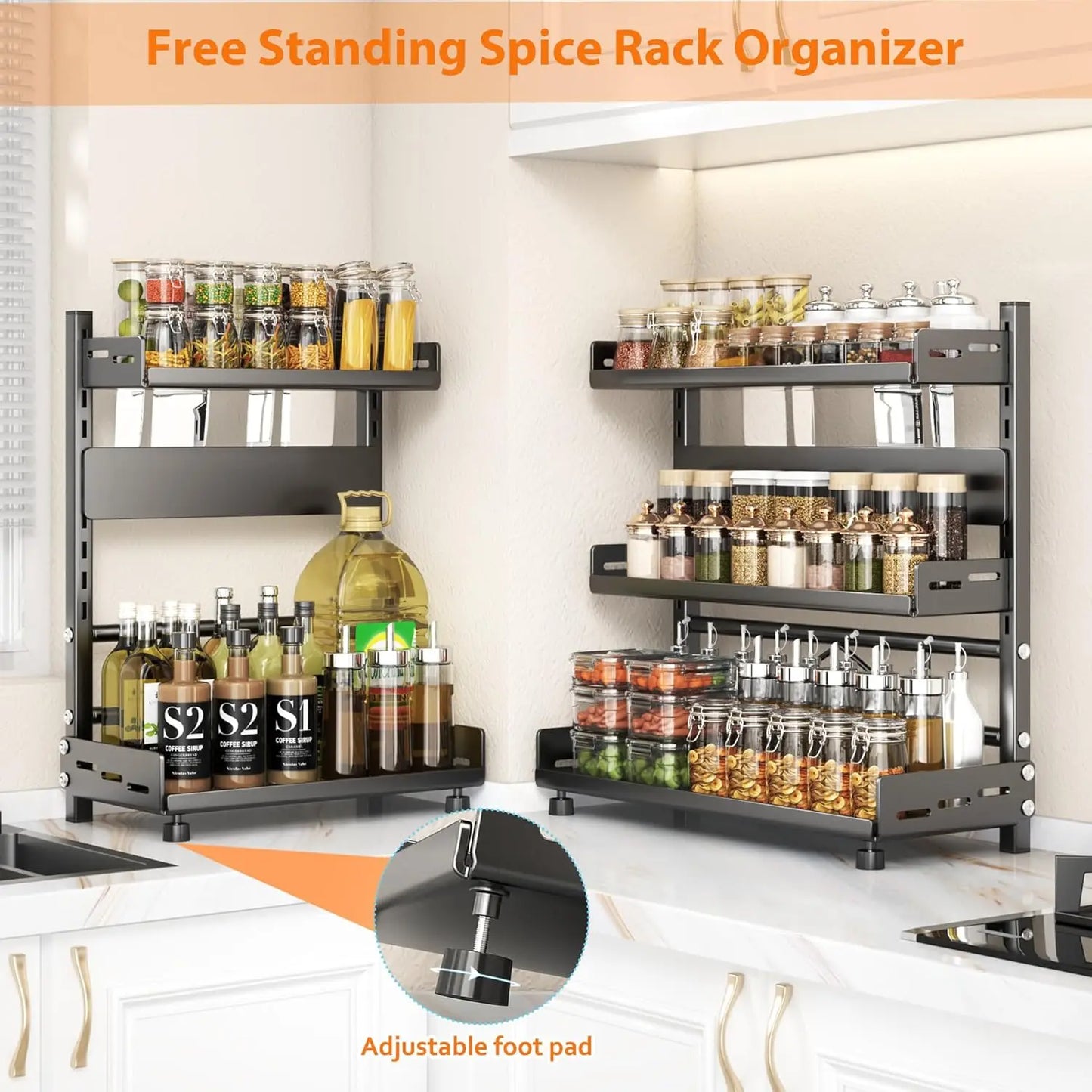 3 Tier Adjustable Spice Rack Organizer for Kitchen Countertop & Cabinet Storage