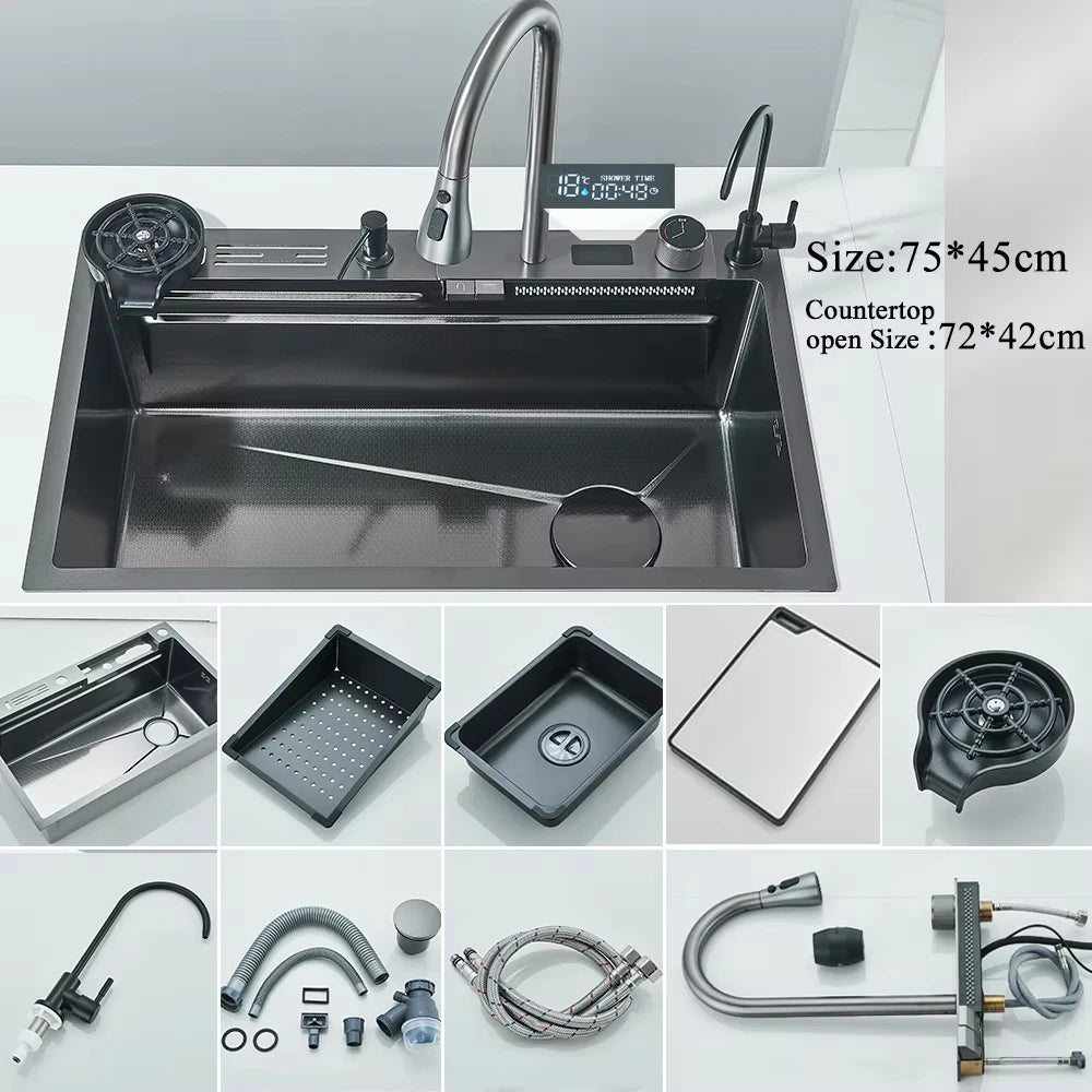 304 Stainless Steel Waterfall Kitchen Sink with Digital Display Faucet, Cup Washer & Soap Dispenser