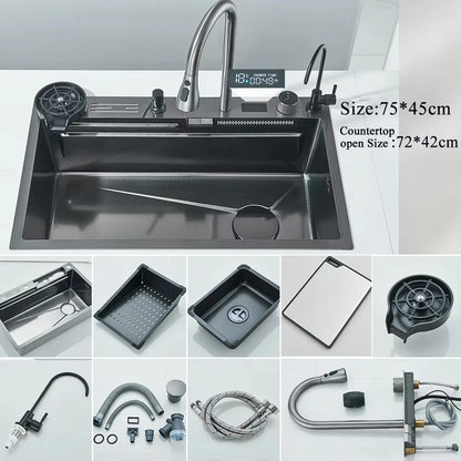 304 Stainless Steel Waterfall Kitchen Sink with Digital Display Faucet, Cup Washer & Soap Dispenser
