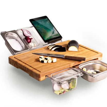 Expandable Bamboo Cutting Board Set with Storage Trays & Containers for Kitchen Food Prep