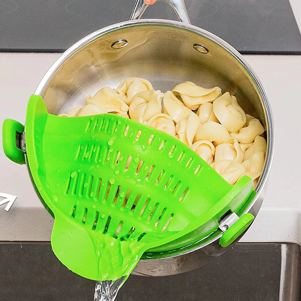 Silicone Clip On Pot Strainer for Pots & Pans – Heat Resistant Pasta and Vegetable Colander