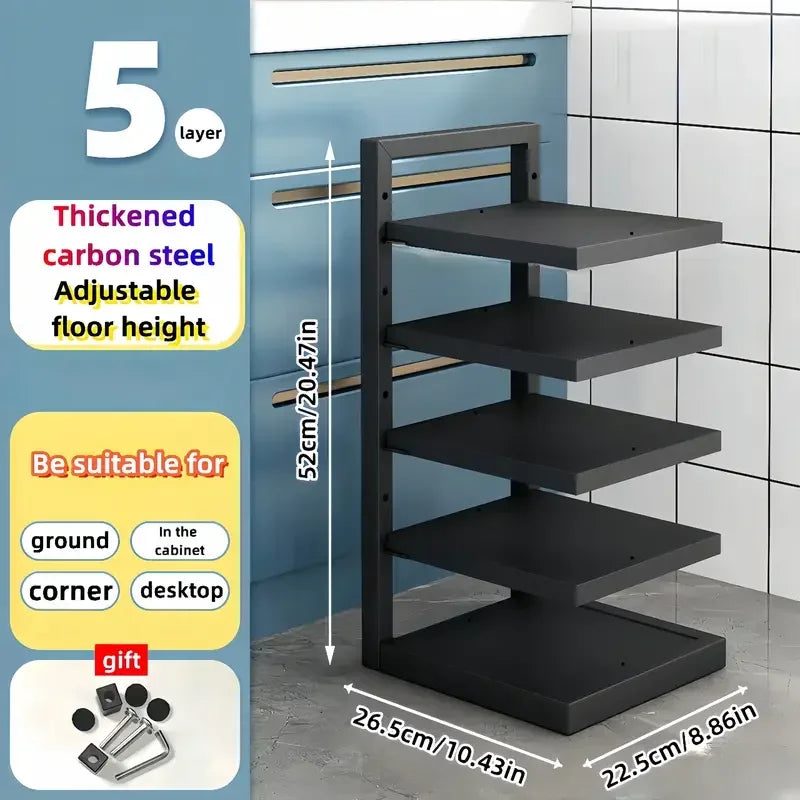 Adjustable Pot and Pan Organizer Rack for Kitchen Cabinets – Multi-Layer Carbon Steel Cookware Storage