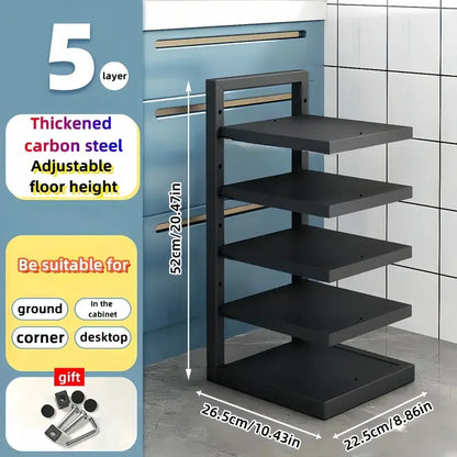 Adjustable Pot and Pan Organizer Rack for Kitchen Cabinets – Multi-Layer Carbon Steel Cookware Storage