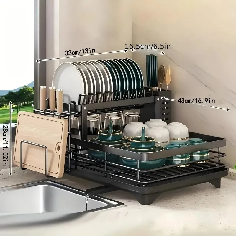 2 Tier Expandable Dish Drying Rack with Drain Board & Utensil Holder for Kitchen Countertop