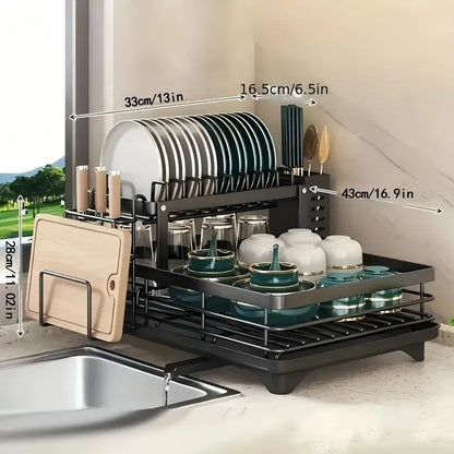 2 Tier Expandable Dish Drying Rack with Drain Board & Utensil Holder for Kitchen Countertop