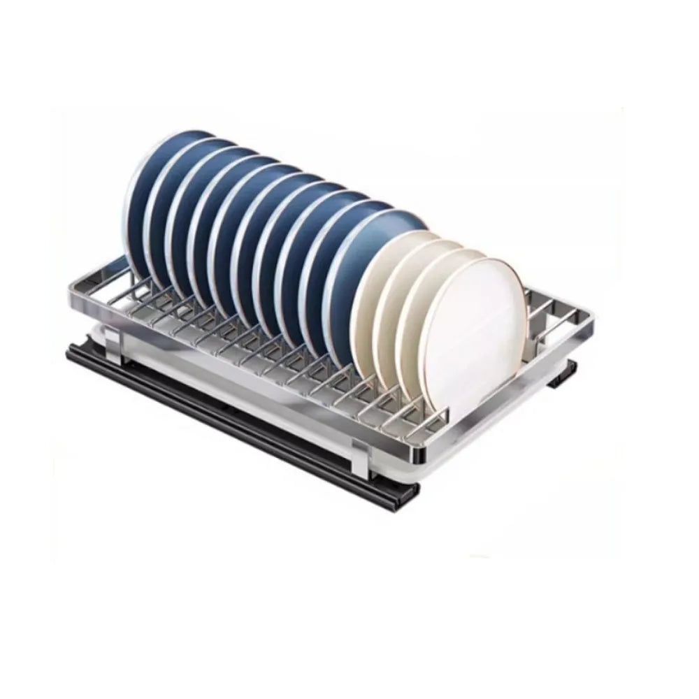 Pull Out Stainless Steel Dish Drying Rack with Drain Tray for Kitchen Cabinet Storage