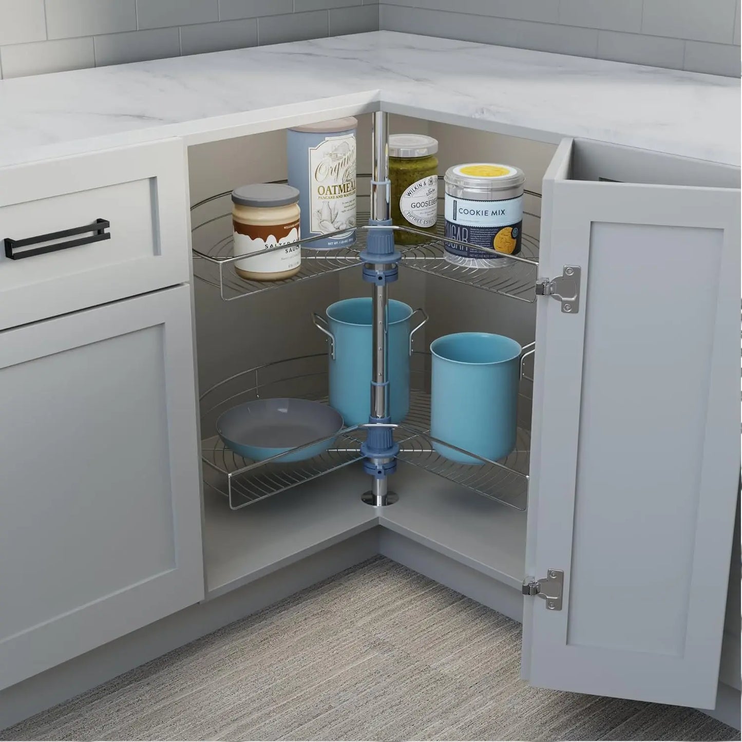 28 Inch Kidney Shape Lazy Susan Corner Cabinet Organizer with 2 Rotating Shelves – Chrome Finish
