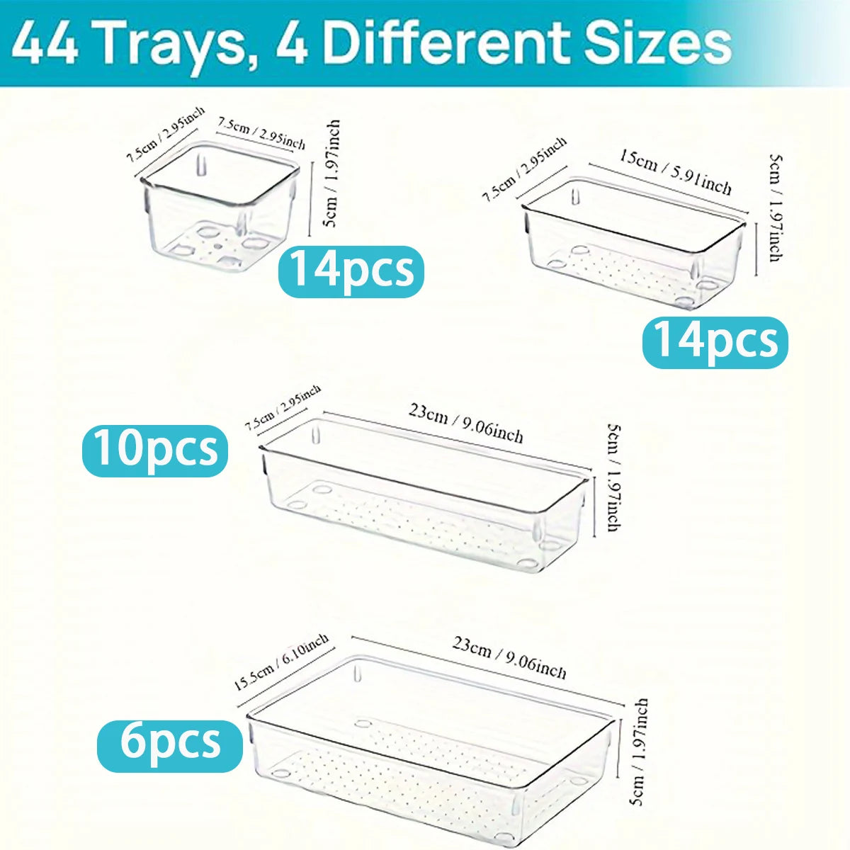 44 Piece Clear Drawer Organizer Set with Adjustable Storage Bins for Kitchen, Bathroom & Office