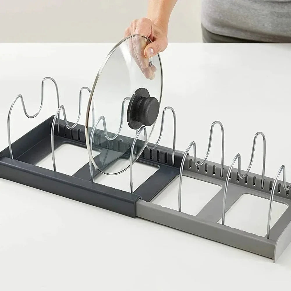 Expandable Pot and Pan Organizer Rack with 7 Adjustable Dividers for Cabinet Storage