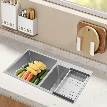 Drop In Stainless Steel Double Bowl Kitchen Sink with Drain Basket & Drainage Filters