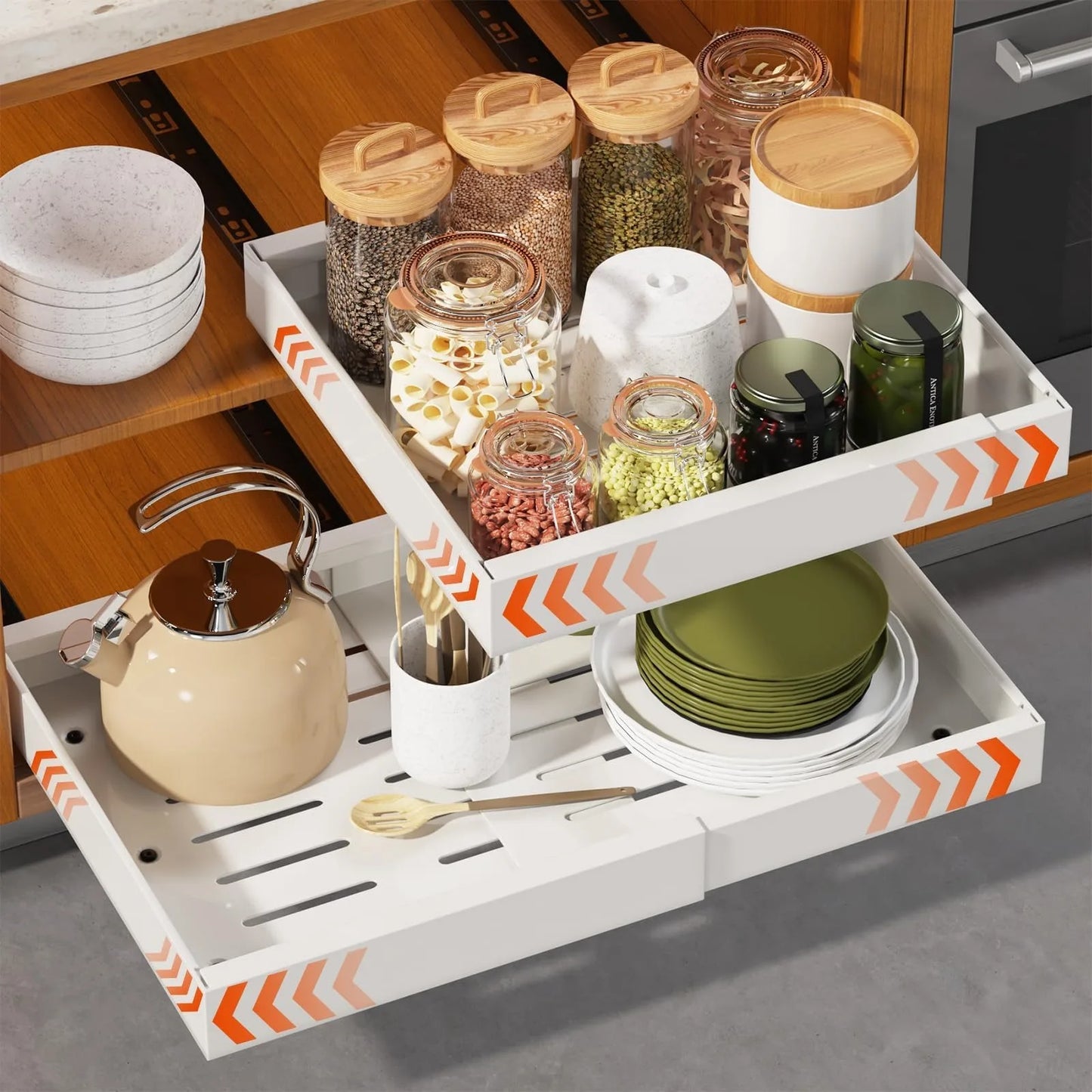 Expandable Pull Out Cabinet Organizer with 3 Slide Rails – No Drill Roll Out Storage Shelf