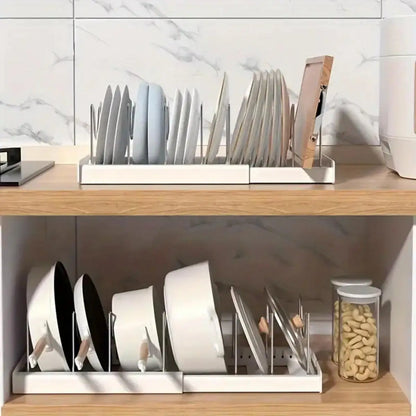Expandable Pot and Pan Organizer Rack with Adjustable Dividers for Kitchen Cabinet Storage