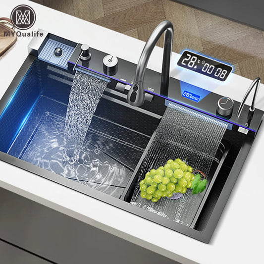 304 Stainless Steel Waterfall Kitchen Sink with Digital Display Faucet, Cup Washer & Soap Dispenser