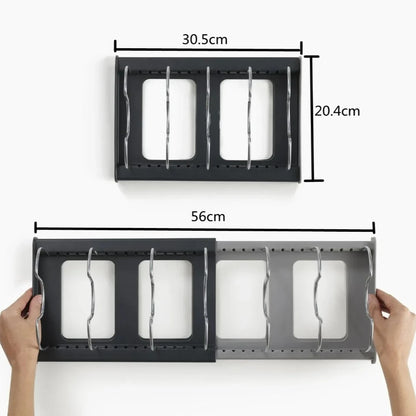 Expandable Pot and Pan Organizer Rack with 7 Adjustable Dividers for Cabinet Storage