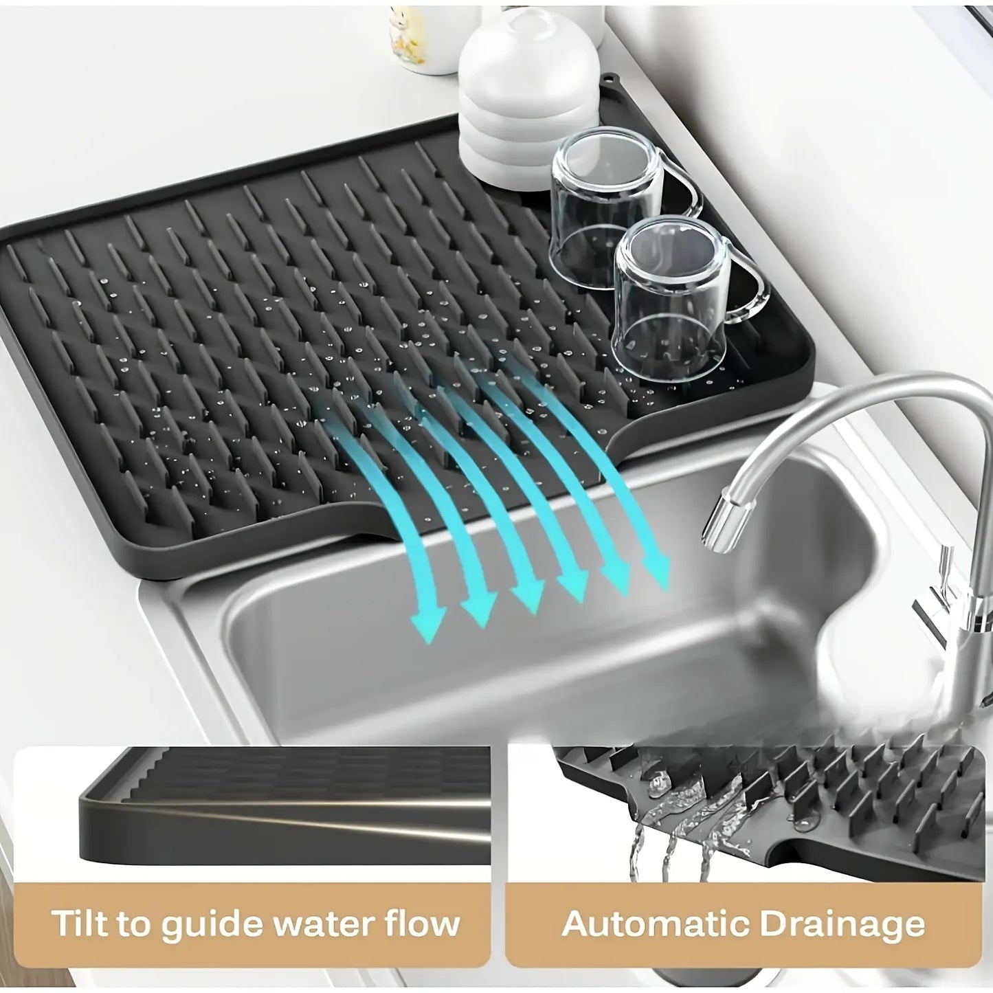 Silicone Kitchen Drain Mat with Built-In Drainage Design for Countertops & Sink Areas