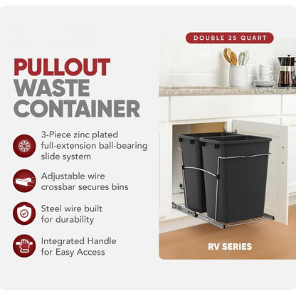 Double Pull Out Trash Can for Kitchen Cabinet with Soft Close Slides – 35 Qt Dual Recycling Bin