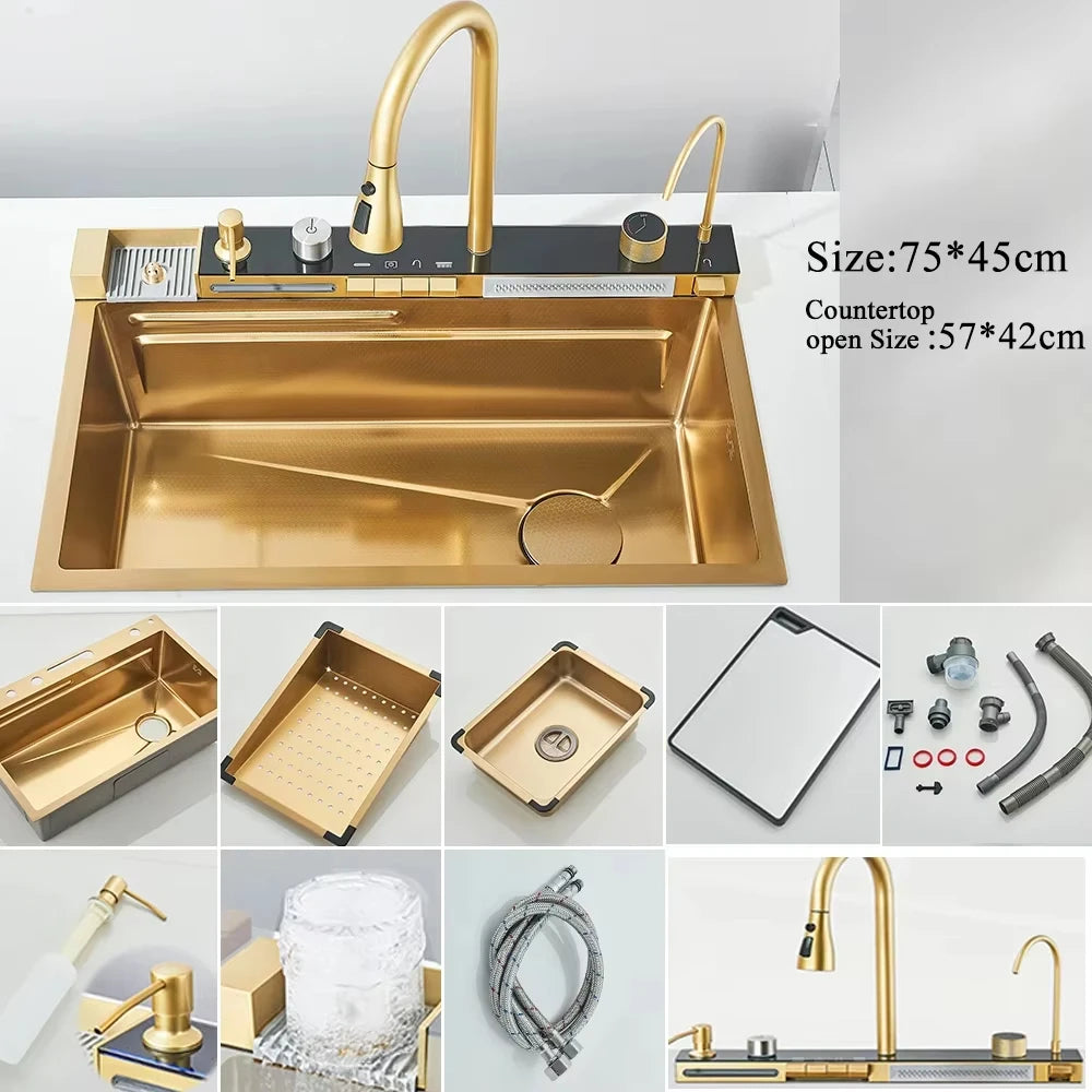 304 Stainless Steel Waterfall Kitchen Sink with Digital Display Faucet, Cup Washer & Soap Dispenser