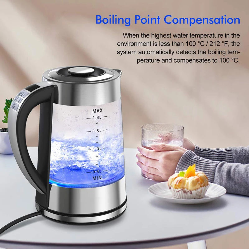 1.8L Electric Glass Kettle with Temperature Control, LED Blue Light & Auto Shut-Off