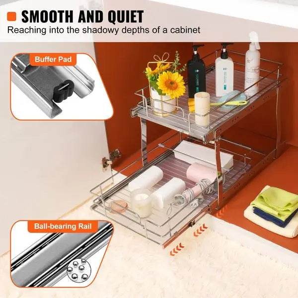 2 Tier Pull Out Cabinet Organizer with Heavy Duty Sliding Pantry Shelves