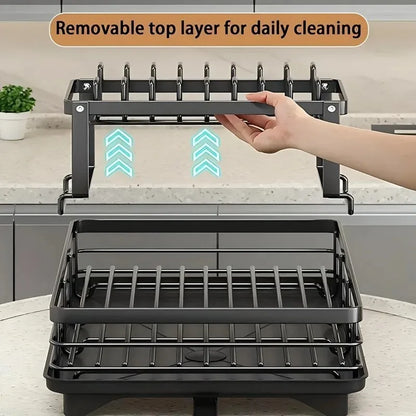 2 Tier Expandable Dish Drying Rack with Drain Board & Utensil Holder for Kitchen Countertop