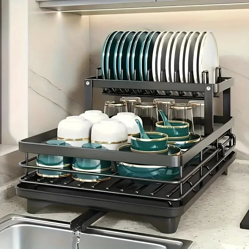 2 Tier Expandable Dish Drying Rack with Drain Board & Utensil Holder for Kitchen Countertop