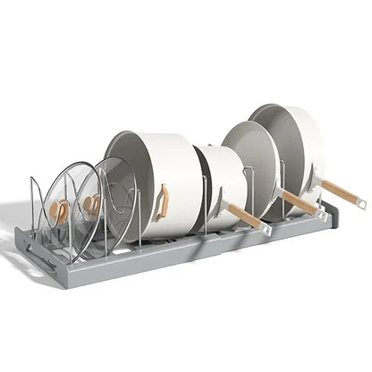 Expandable Pot and Pan Organizer Rack with Adjustable Dividers for Kitchen Cabinet Storage