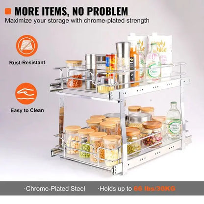 2 Tier Pull Out Cabinet Organizer with Heavy Duty Sliding Pantry Shelves