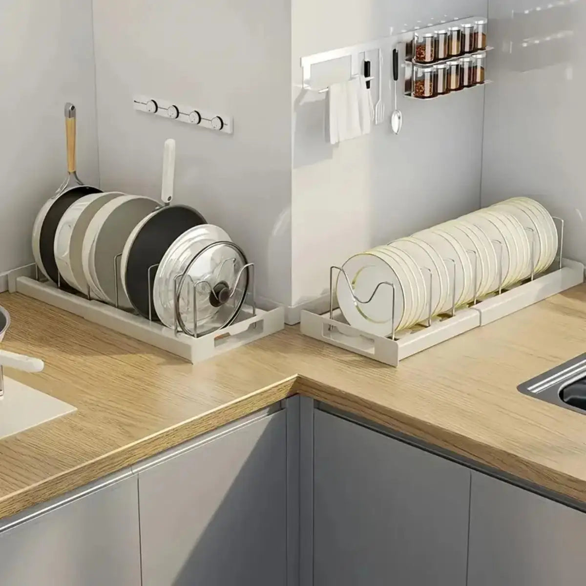 Expandable Pot and Pan Organizer Rack with Adjustable Dividers for Kitchen Cabinet Storage