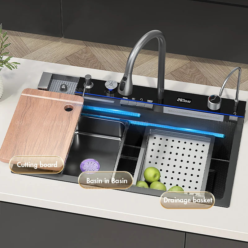 304 Stainless Steel Waterfall Kitchen Sink with Digital Display Faucet, Cup Washer & Soap Dispenser