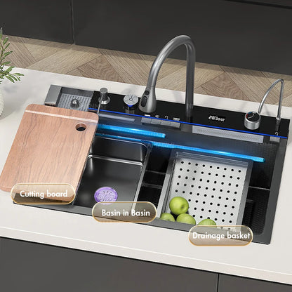 304 Stainless Steel Waterfall Kitchen Sink with Digital Display Faucet, Cup Washer & Soap Dispenser