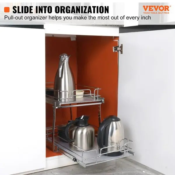 2 Tier Pull Out Cabinet Organizer with Heavy Duty Sliding Pantry Shelves