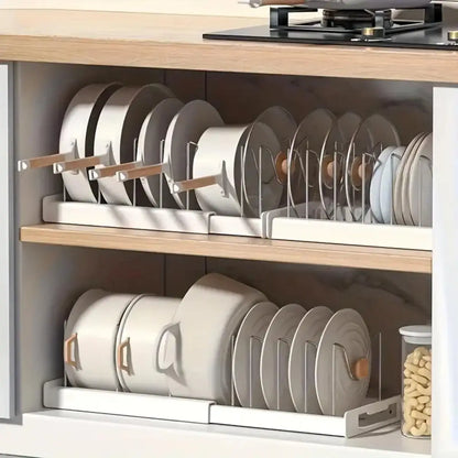 Expandable Pot and Pan Organizer Rack with Adjustable Dividers for Kitchen Cabinet Storage