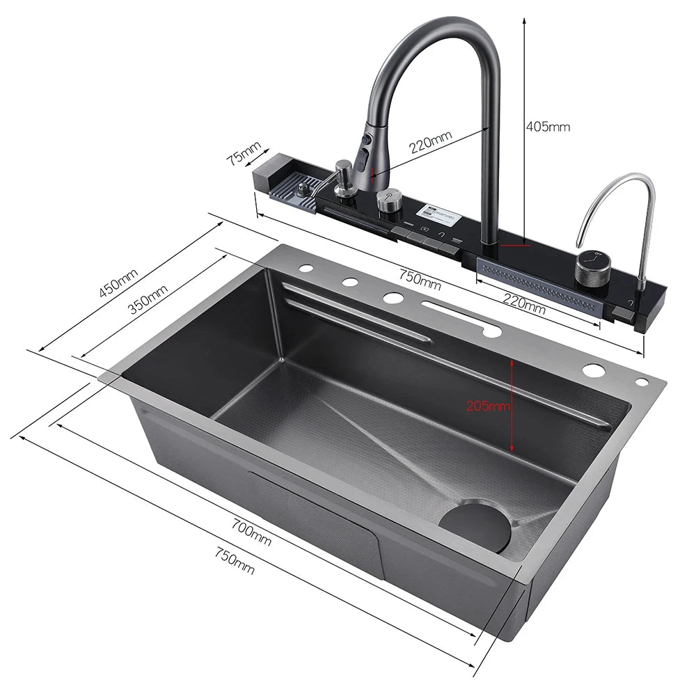 304 Stainless Steel Waterfall Kitchen Sink with Digital Display Faucet, Cup Washer & Soap Dispenser